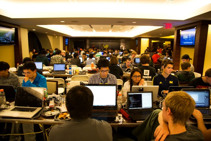 Hackers hack during the MHacks Hackathon 2013 in the Big House on September 21, 2013 in Ann Arbor, MI.