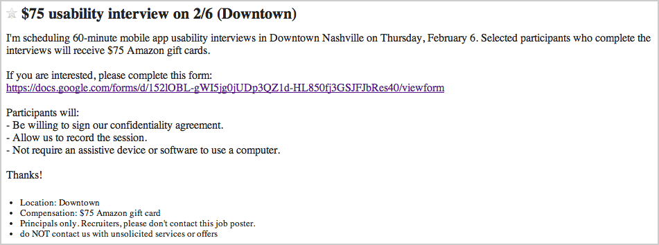 Craigslist post driving people to the screener