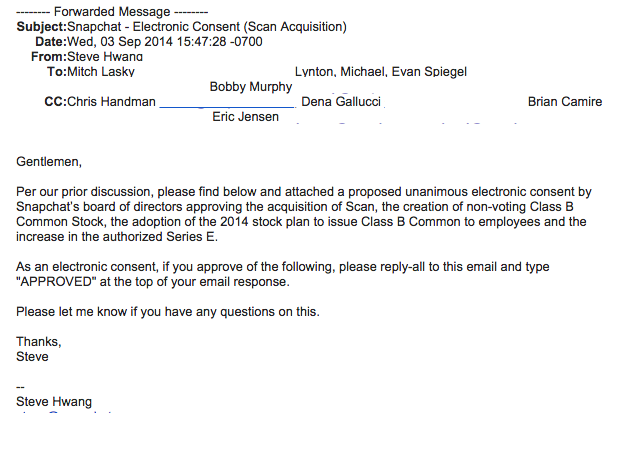 Scan.me acquisition consent form sent to Snapchat board members
