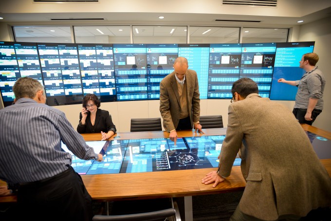 Toronto Raptors control room with IBM Sports Insight Central running on massive wall and table top displays.