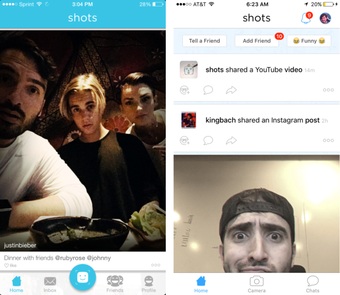Shots has evolved from a selfie app (left) to also embrace comedy (right)