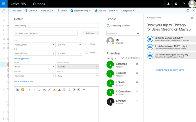 Concur data shown in Office 365 as part of SAP-Microsoft integration announcement.