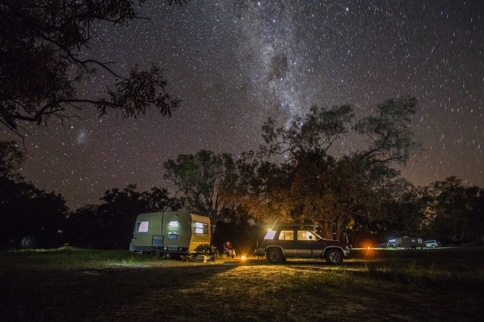 Caravan camping under the stars in outback Austral