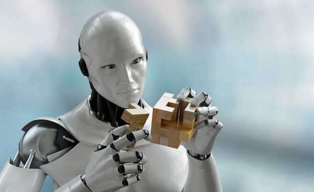 3D render of a robot trying to solve a wooden cube puzzle