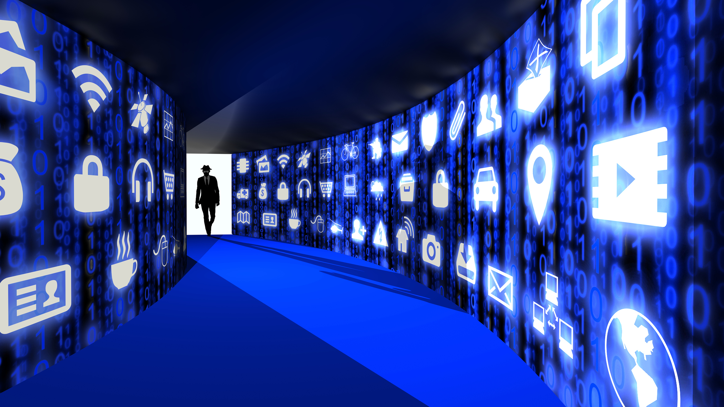 Elite hacker enters internet of things corridor A silhouette of a hacker with a black hat in a suit enters a hallway with walls textured with blue internet of things icons 3D illustration cybersecurity concept
