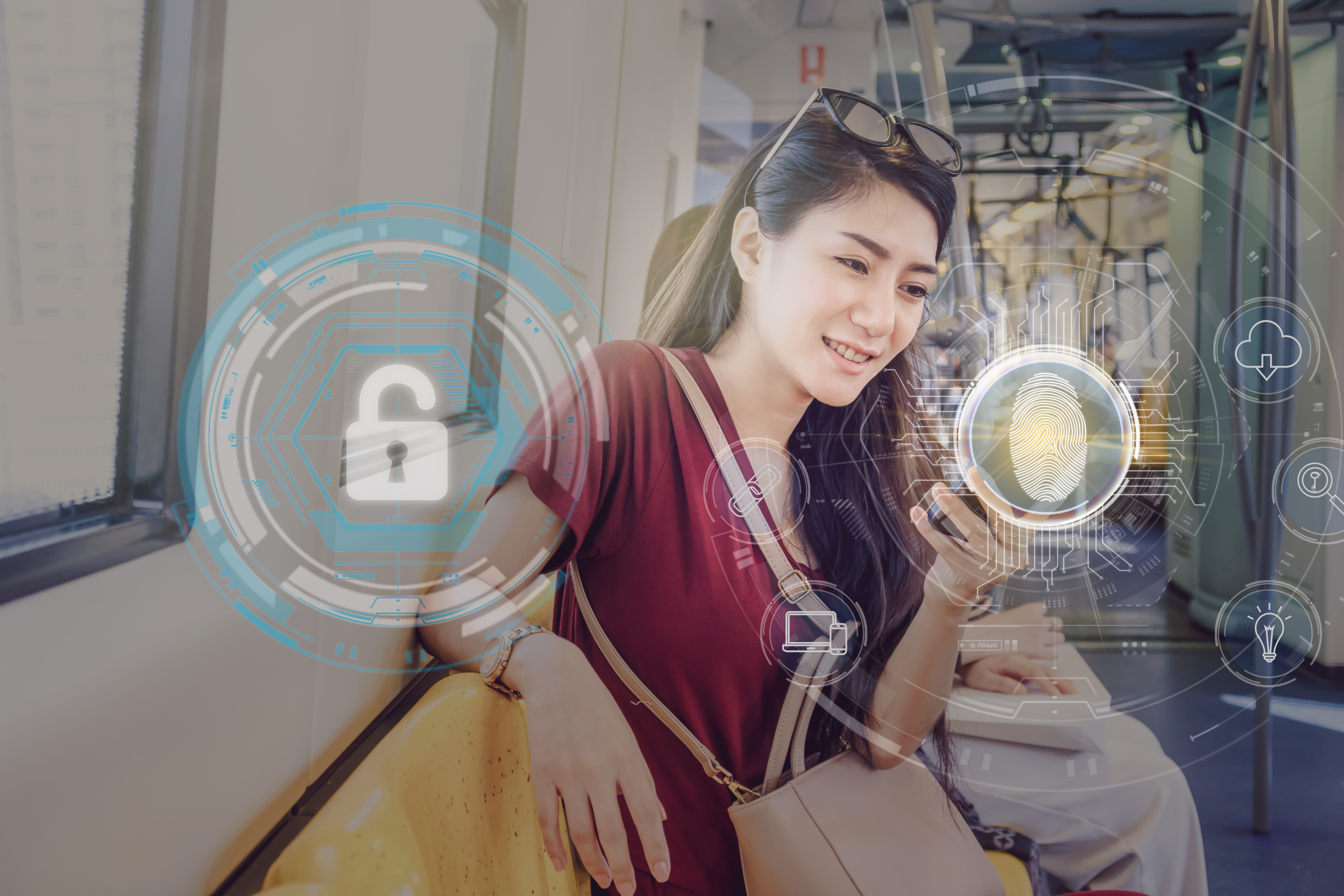 Business Technology sceurity Concept, Asian woman passenger using the smart mobile phone by Fingerprint scan for support security access with biometrics identification in the Skytrain rails or subway