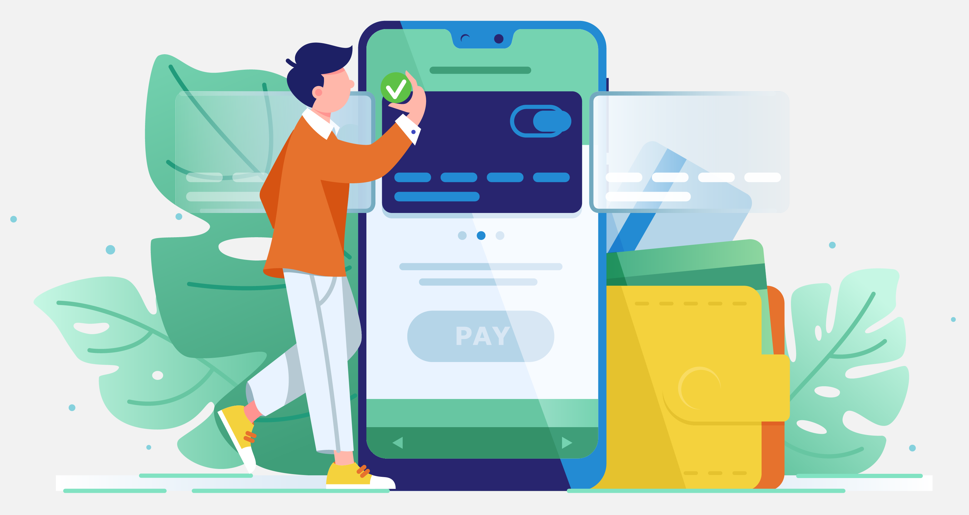 Young wealthy man pays card using mobile payment